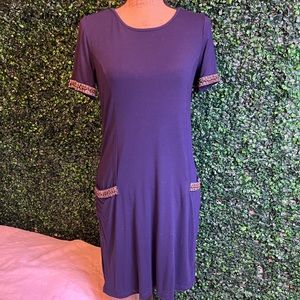 Charming Charlie Navy Blue Tshirt Dress with beaded sleeves and pockets, Small